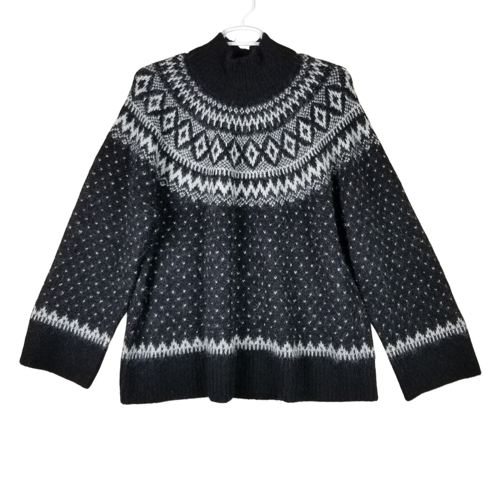 Gap Fair Isle Sweater Women XXL Black White Mock Neck Fuzzy Nordic 848491-00-1